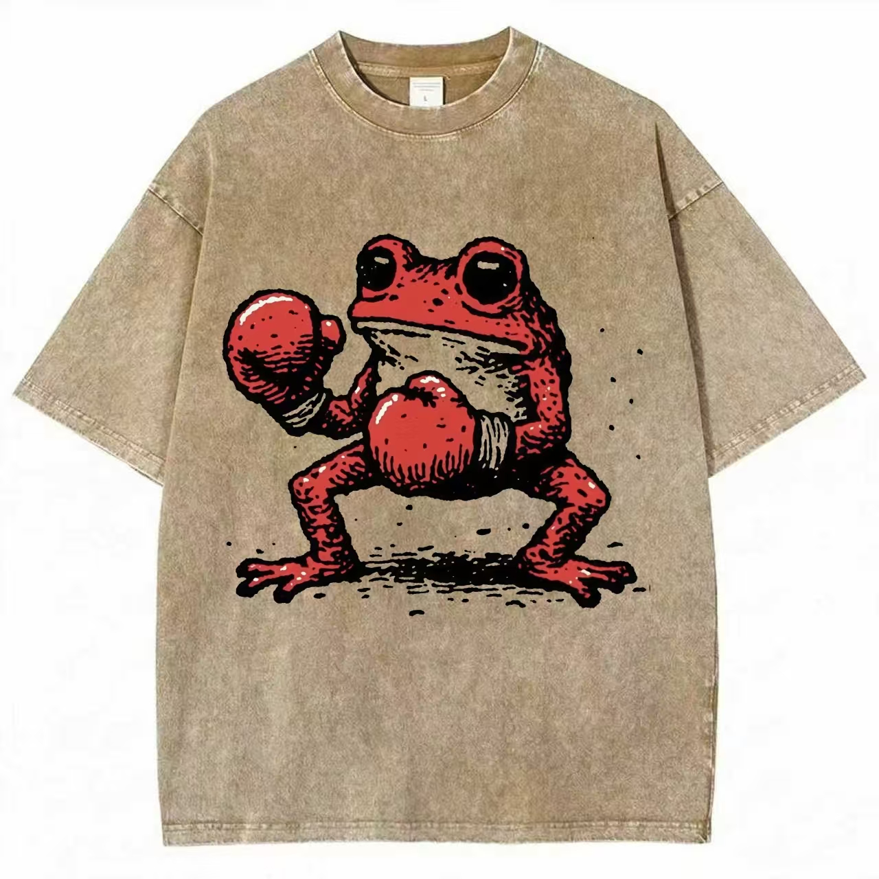 Red Boxing Frog Retro Art Washed T-Shirt