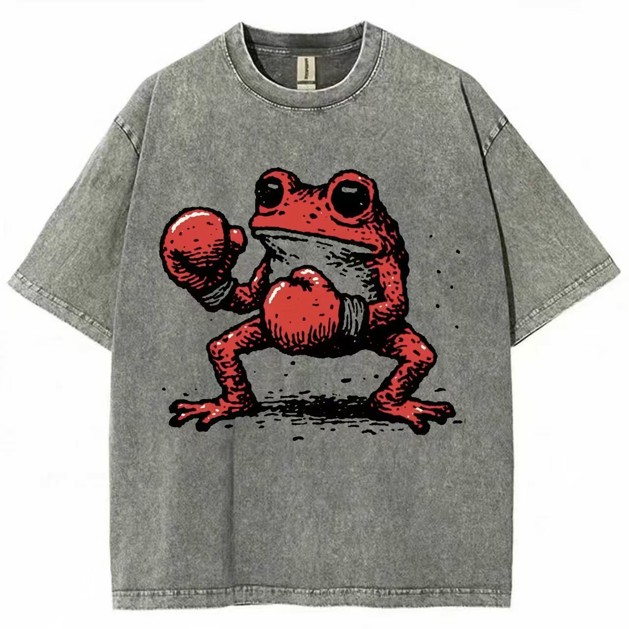 Red Boxing Frog Retro Art Washed T-Shirt