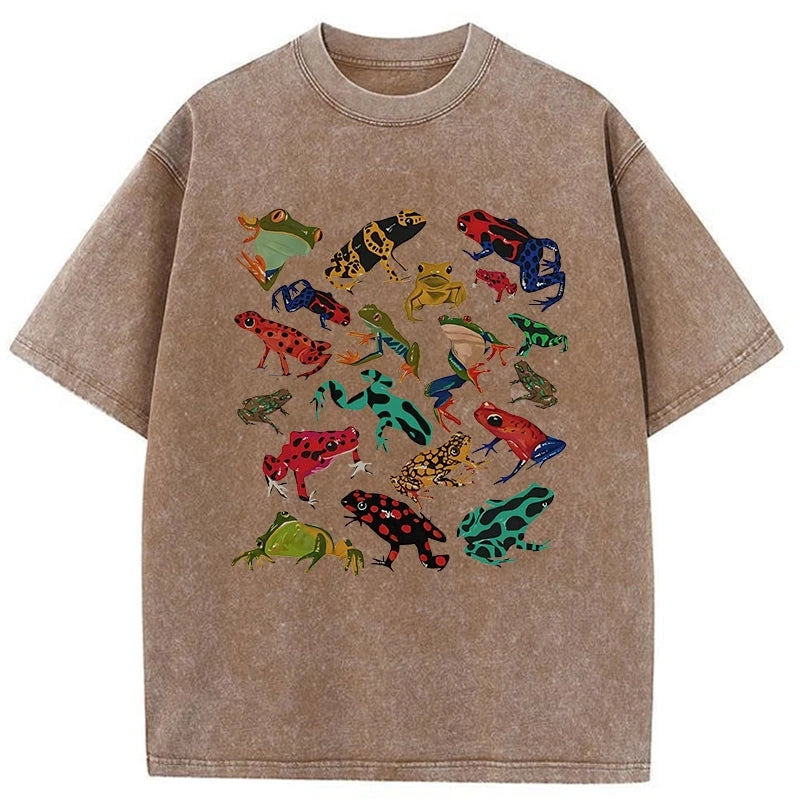 Colorful Frogs Of Various Shapes Washed T-Shirt