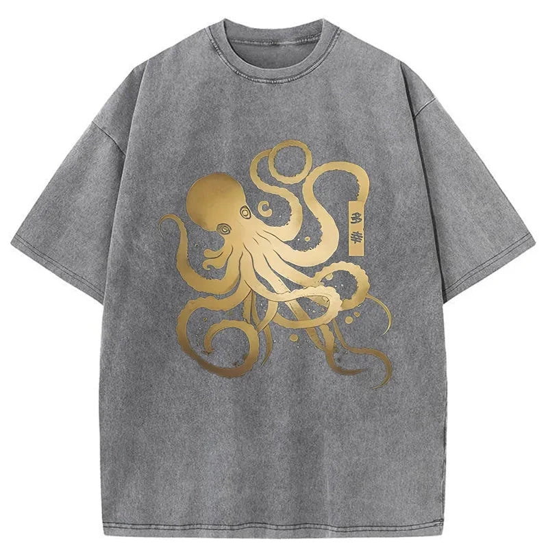  Japanese Calligraphy Version Of Octopus Washed T-Shirt