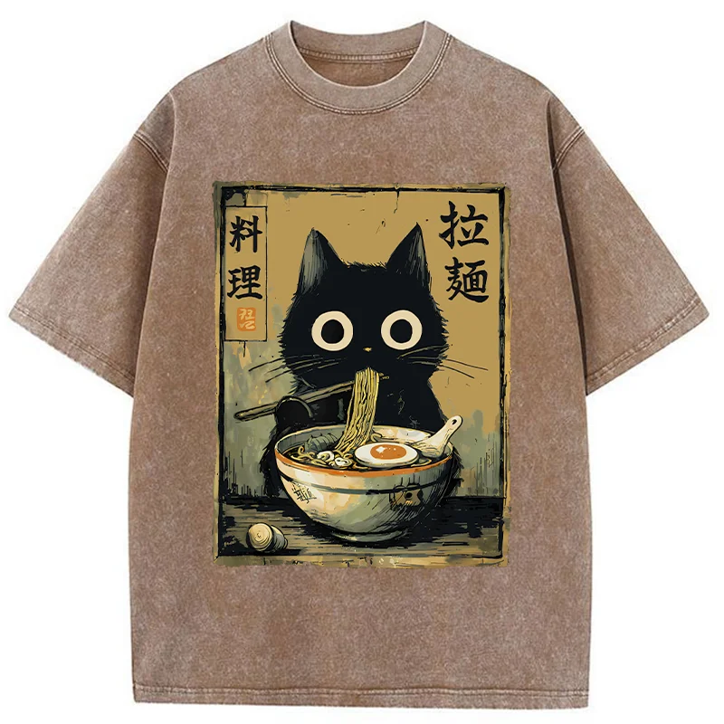 FadedStorm Cute Black Cat Eating Ramen Japan Washed T-Shirt