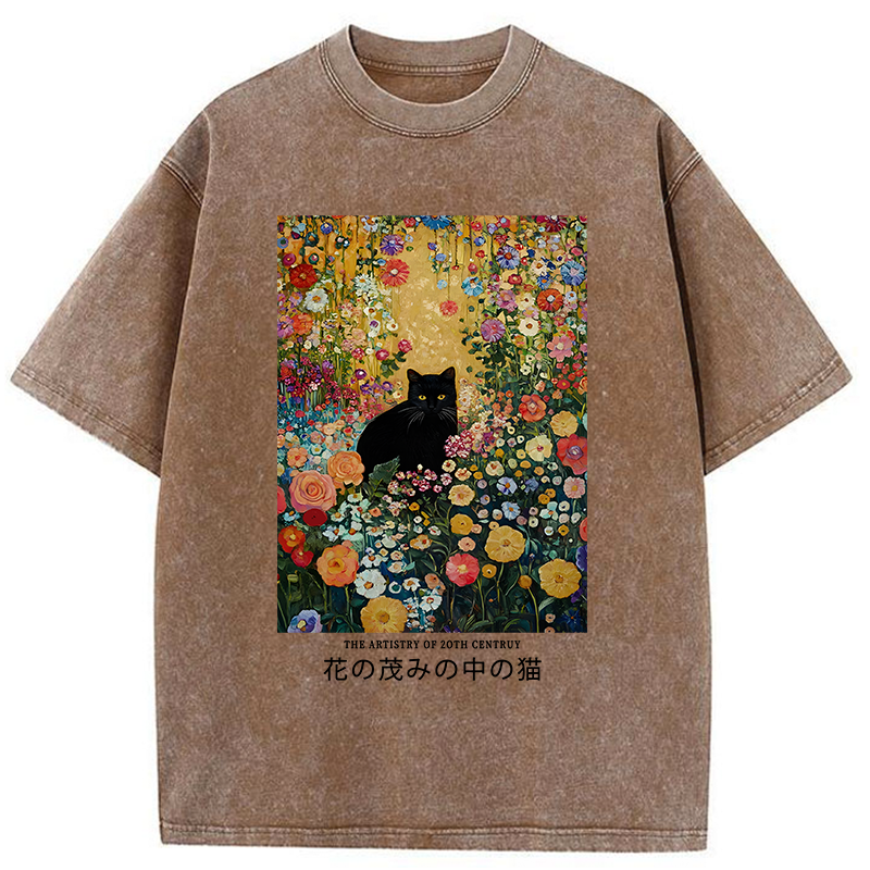 Black Cat In The Flower Bushes Washed T-Shirt