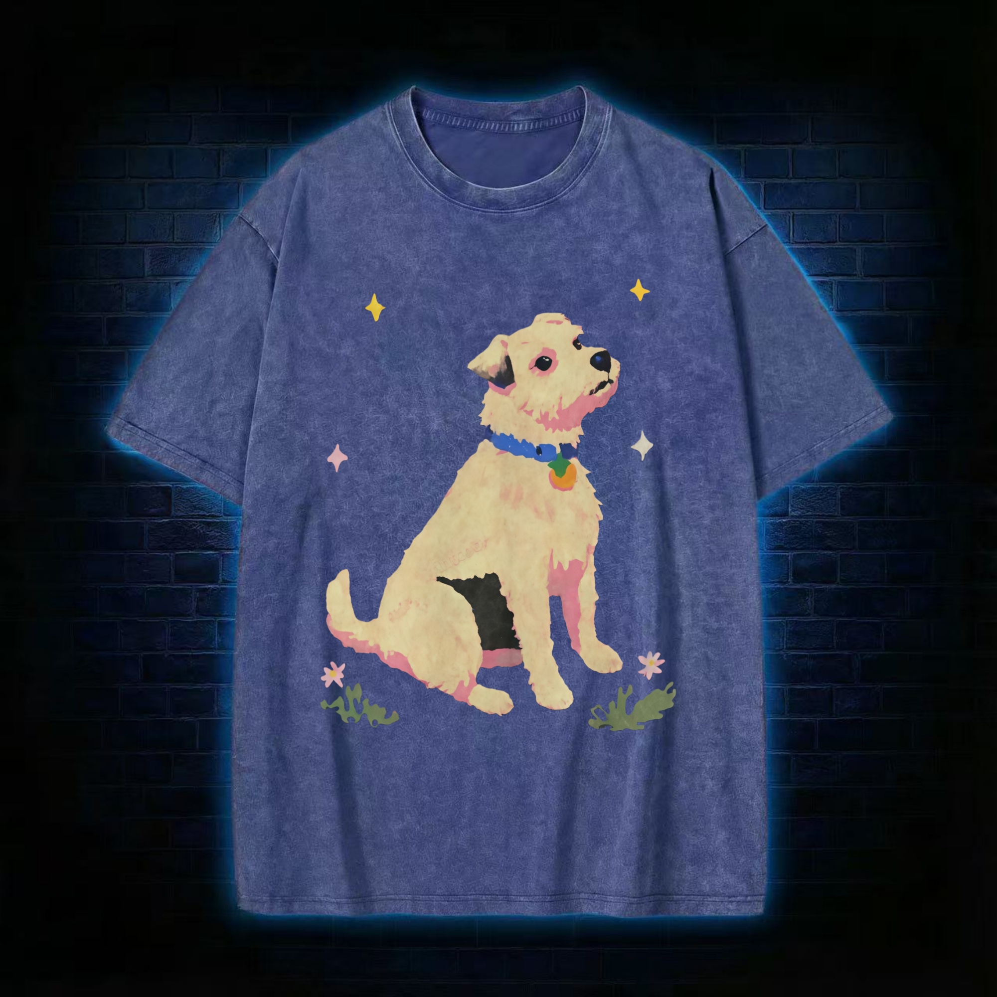 Cute Dog And Star Flower Washed T-shirt