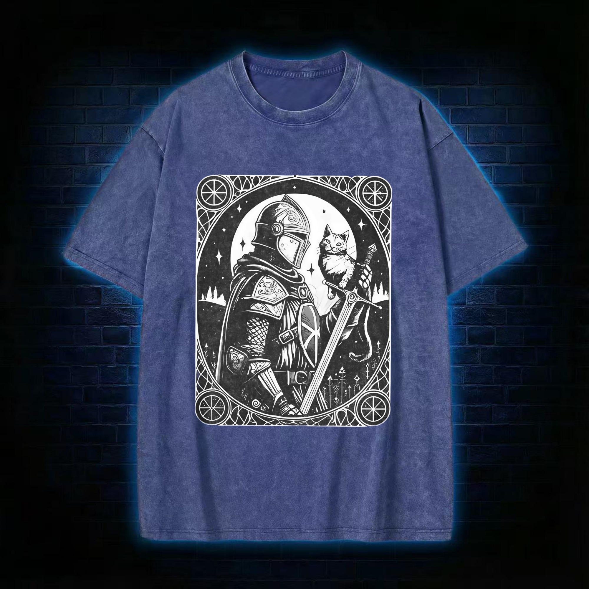 Knight Holding Cat Medieval Washed T-shirt