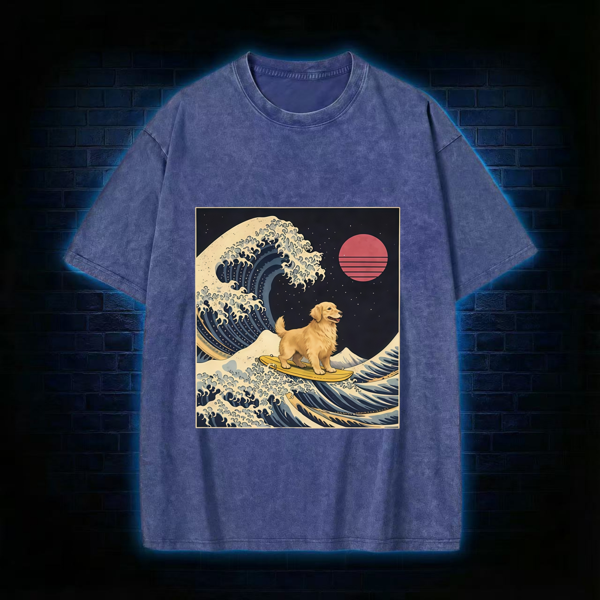 The Great Wave Dog Funny Washed T-Shirt