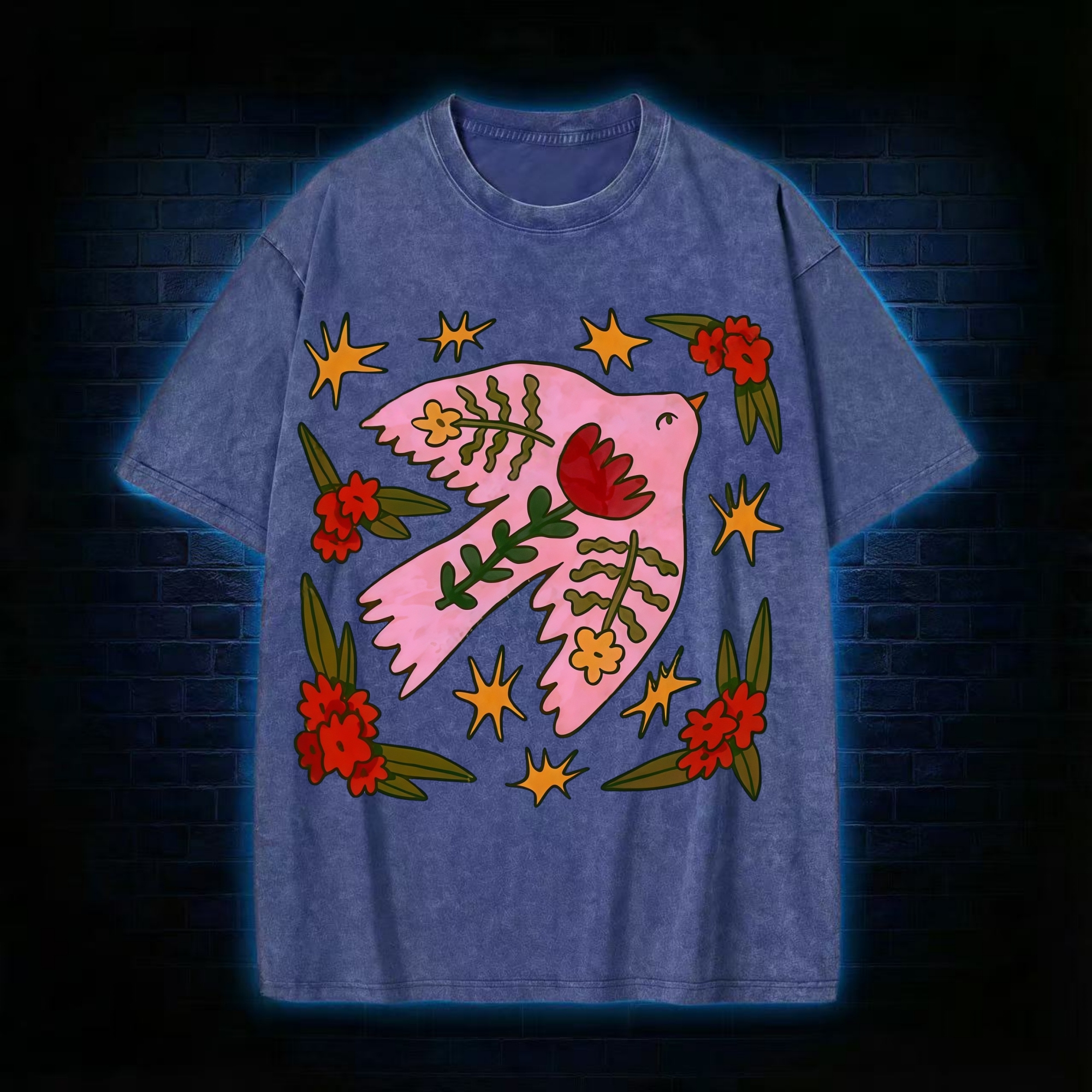 Pink Bird Flower Star Painting Washed T-shirt