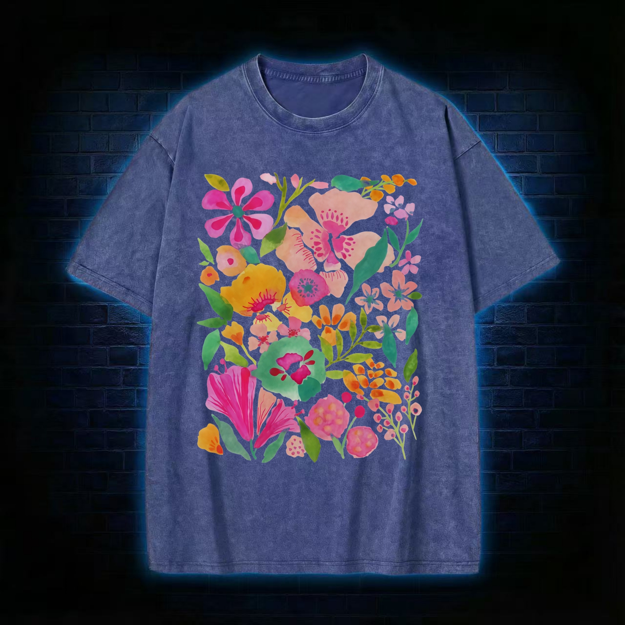 Retro Colorful Floral Clusters Washed T-shirt