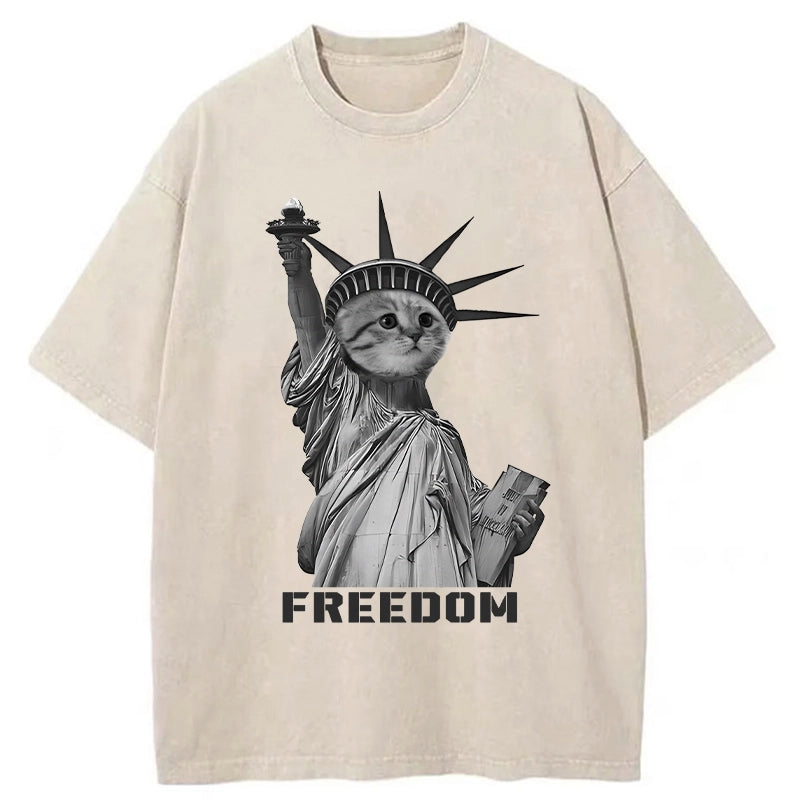  Freedom Cat Statue Washed T-Shirt