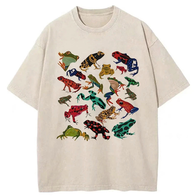 Colorful Frogs Of Various Shapes Washed T-Shirt
