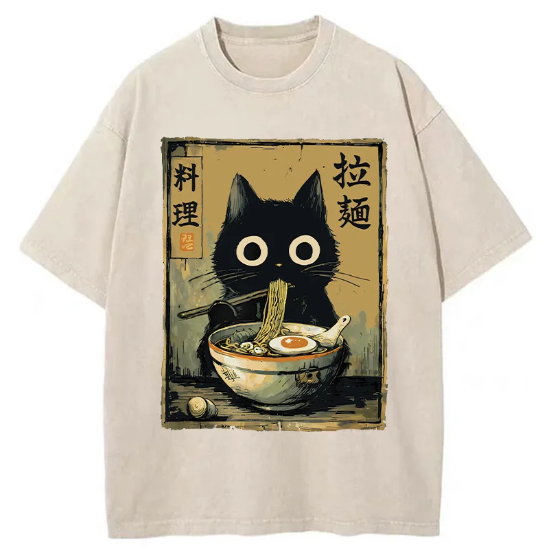 FadedStorm Cute Black Cat Eating Ramen Japan Washed T-Shirt