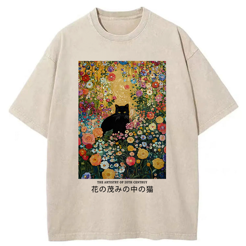 Black Cat In The Flower Bushes Washed T-Shirt