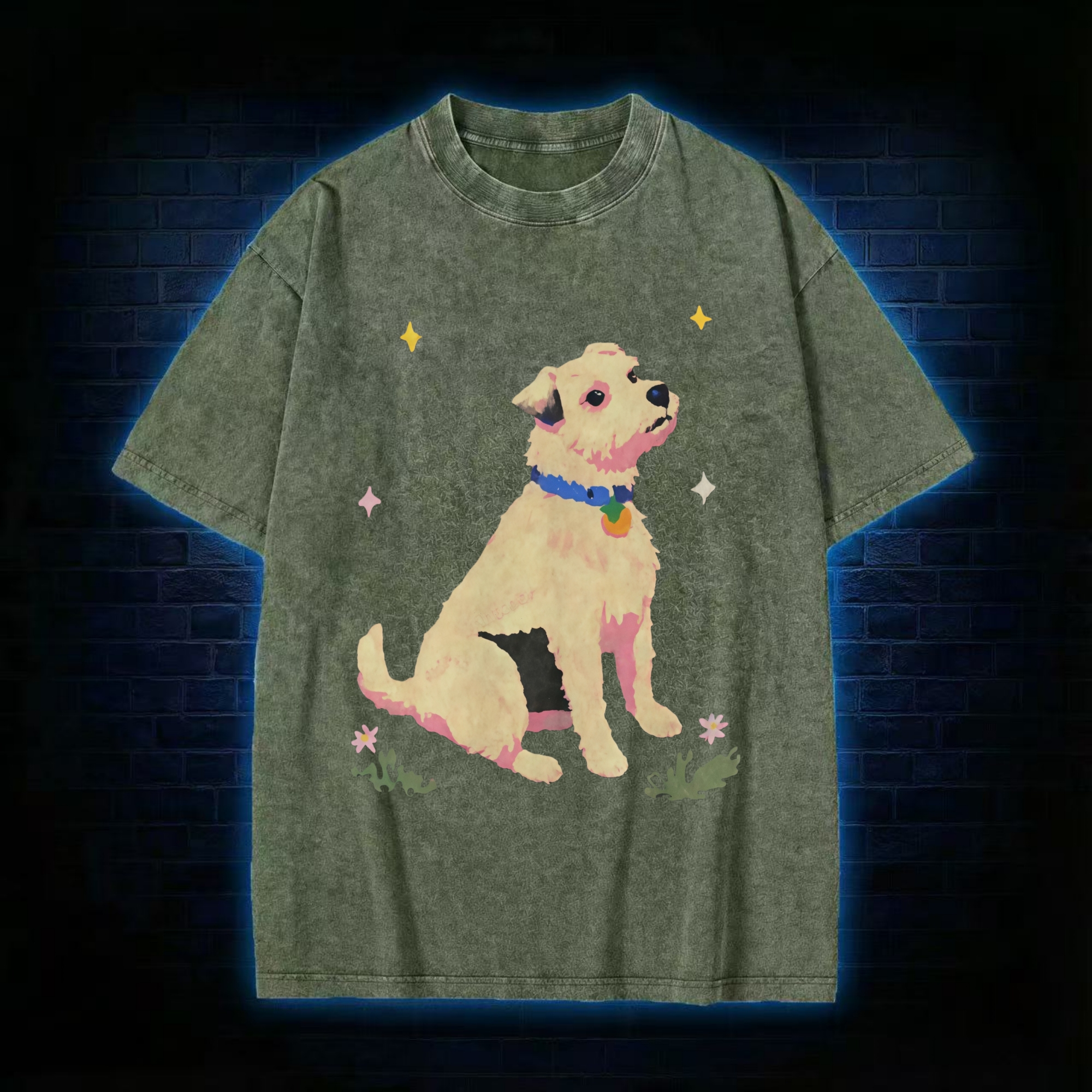 Cute Dog And Star Flower Washed T-shirt