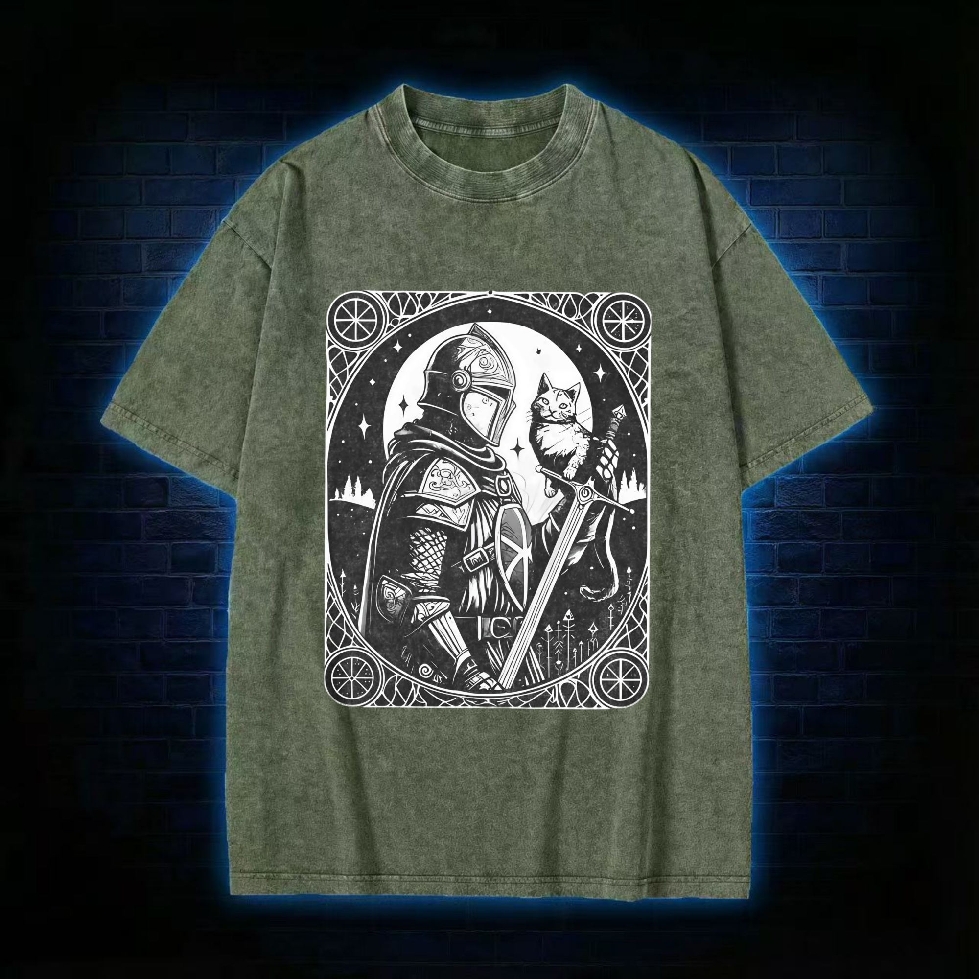 Knight Holding Cat Medieval Washed T-shirt