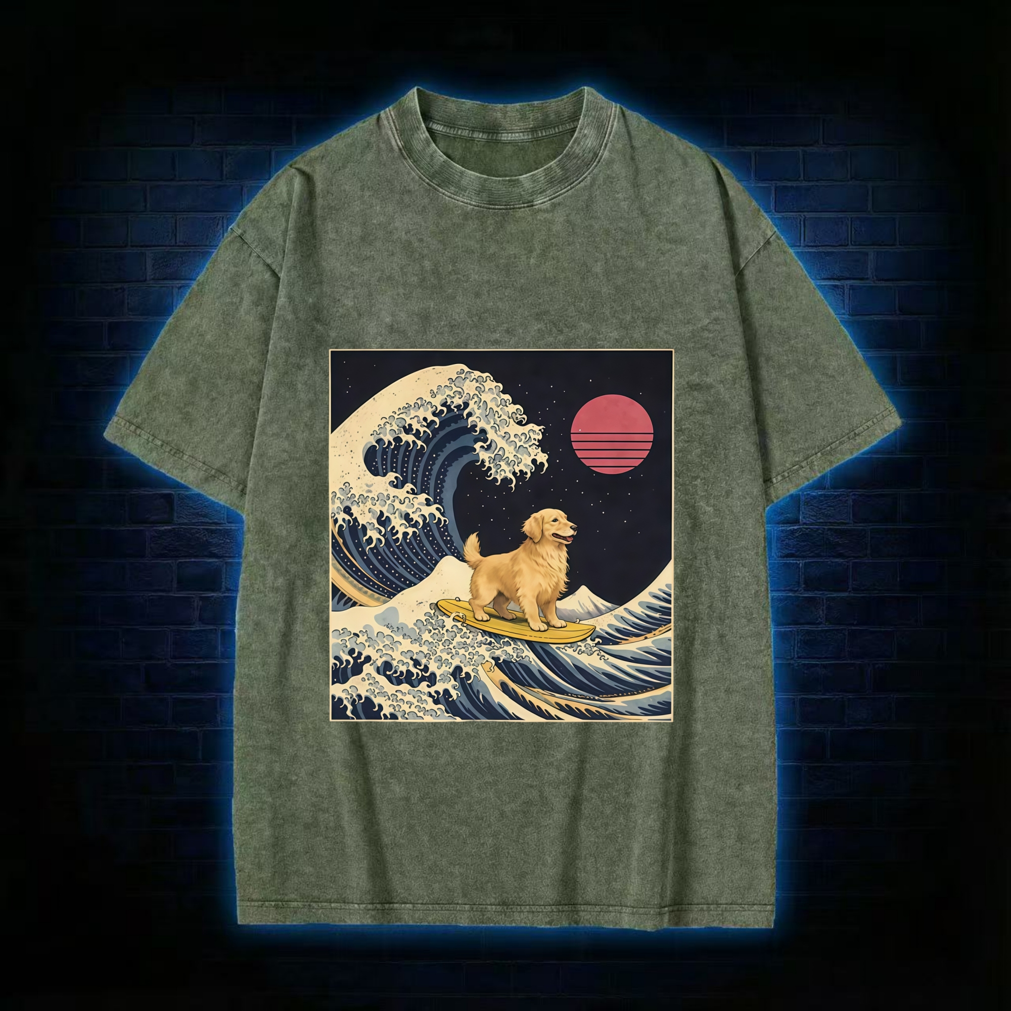 The Great Wave Dog Funny Washed T-Shirt