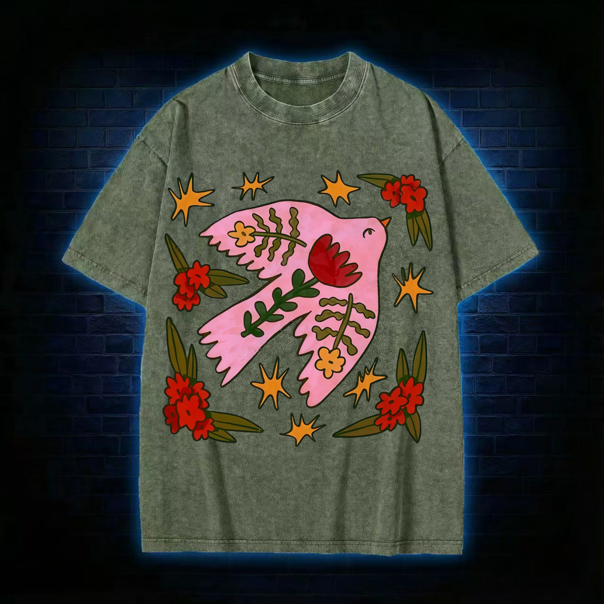 Pink Bird Flower Star Painting Washed T-shirt