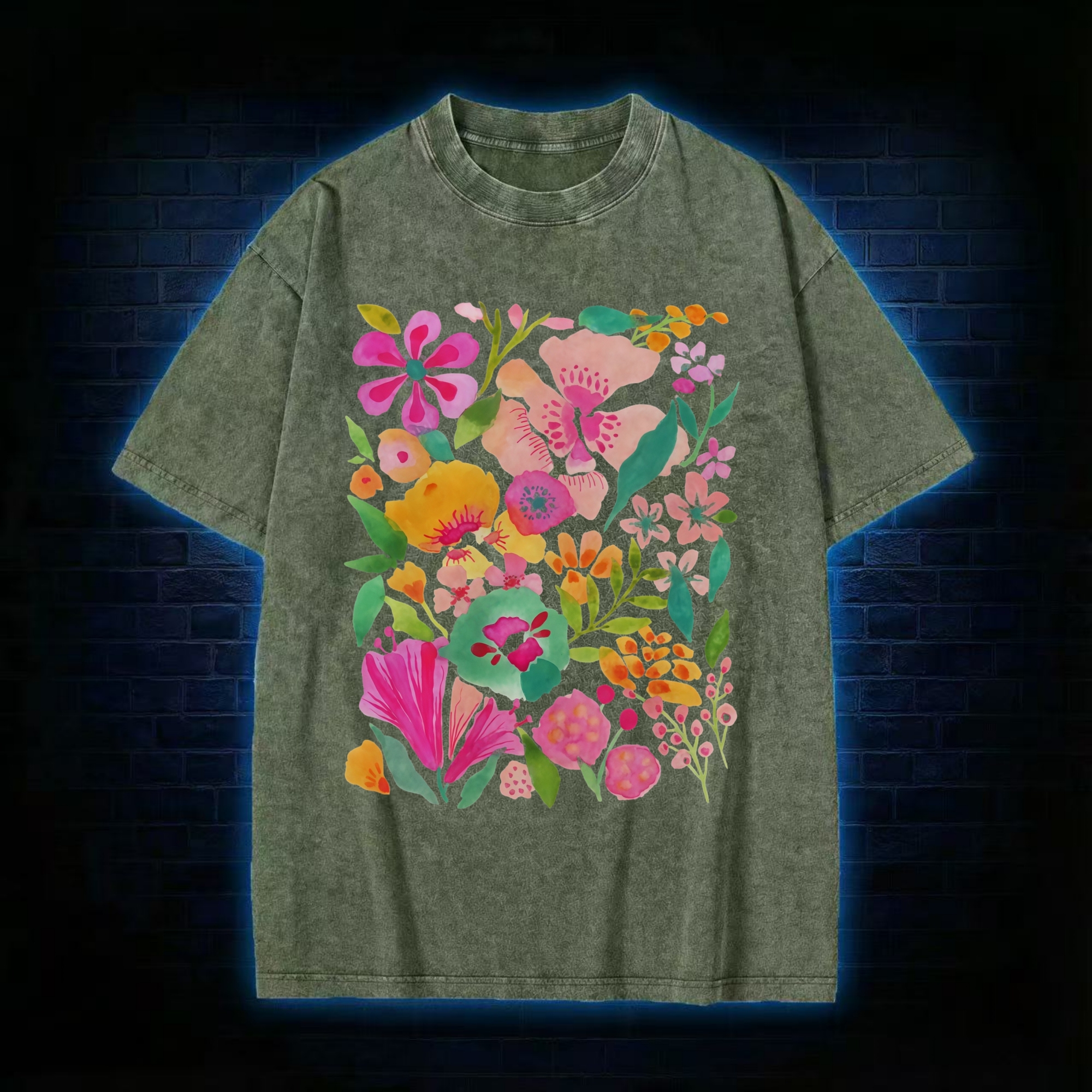 Retro Colorful Floral Clusters Washed T-shirt