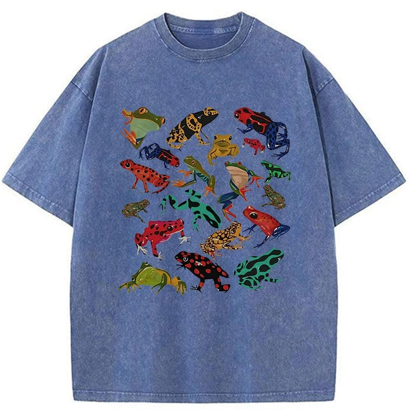 Colorful Frogs Of Various Shapes Washed T-Shirt