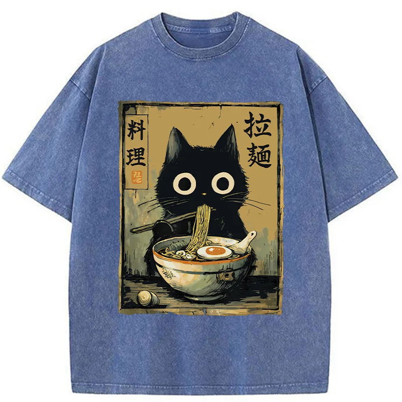 FadedStorm Cute Black Cat Eating Ramen Japan Washed T-Shirt