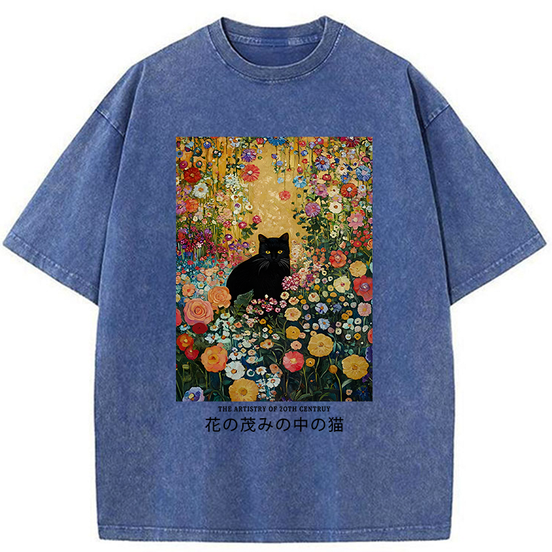 Black Cat In The Flower Bushes Washed T-Shirt