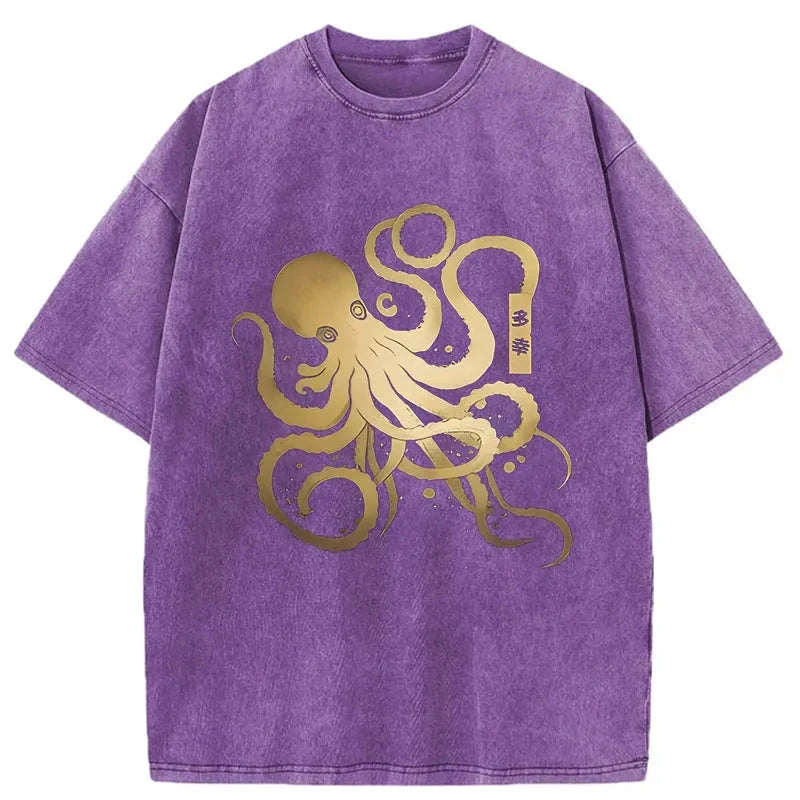 Japanese Calligraphy Version Of Octopus Washed T-Shirt