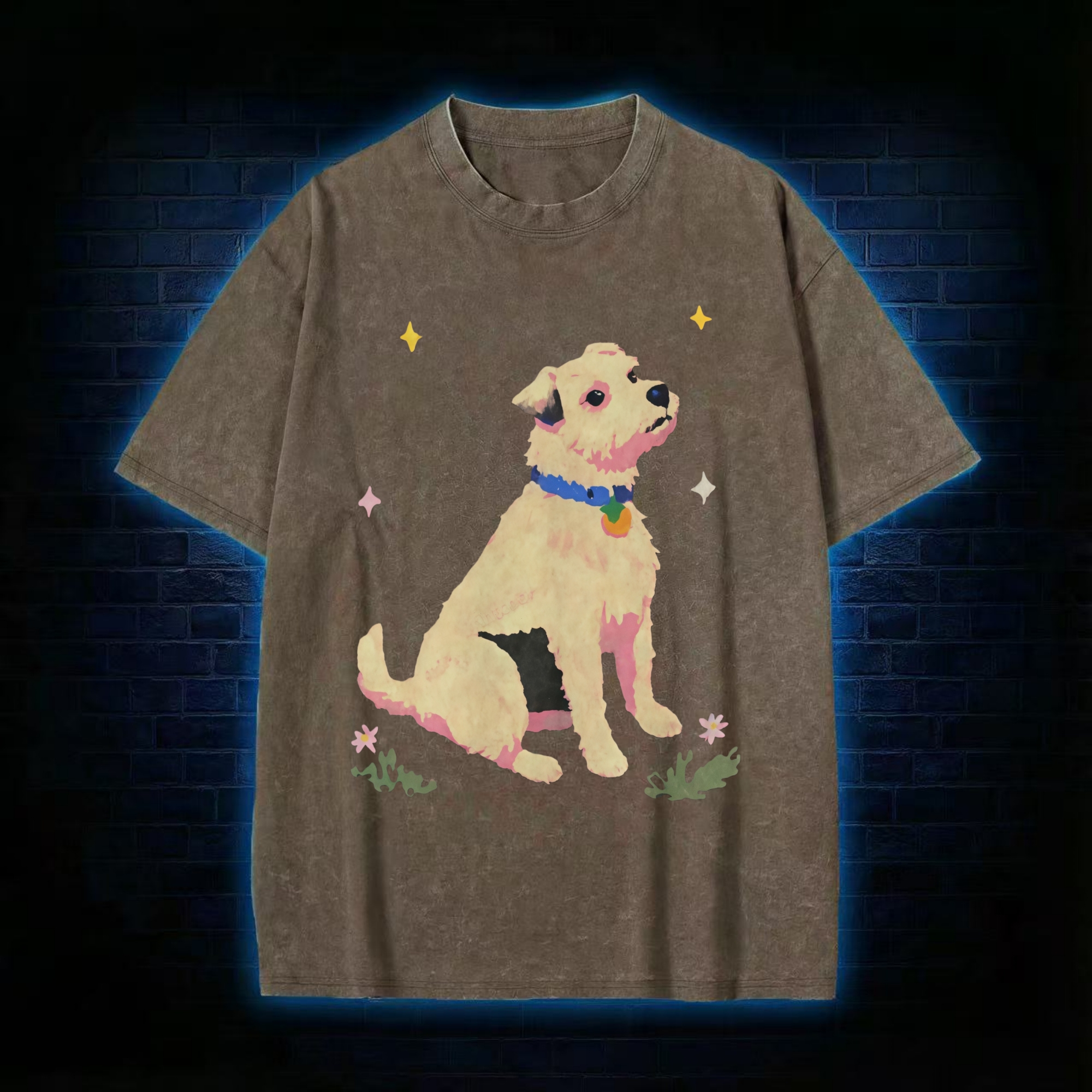 Cute Dog And Star Flower Washed T-shirt