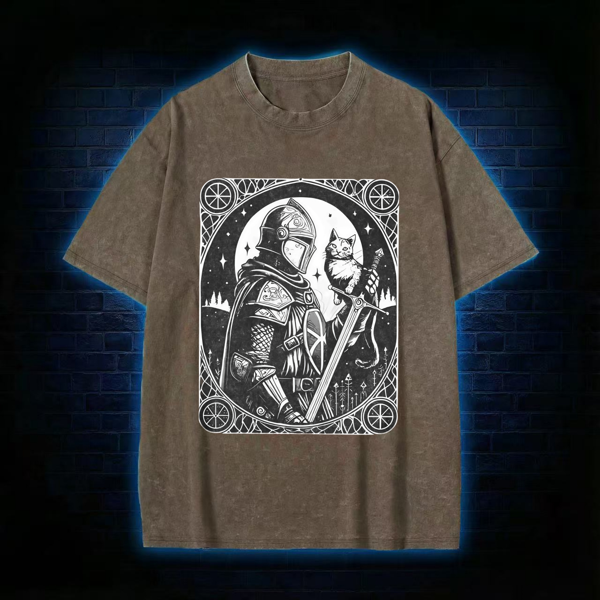 Knight Holding Cat Medieval Washed T-shirt