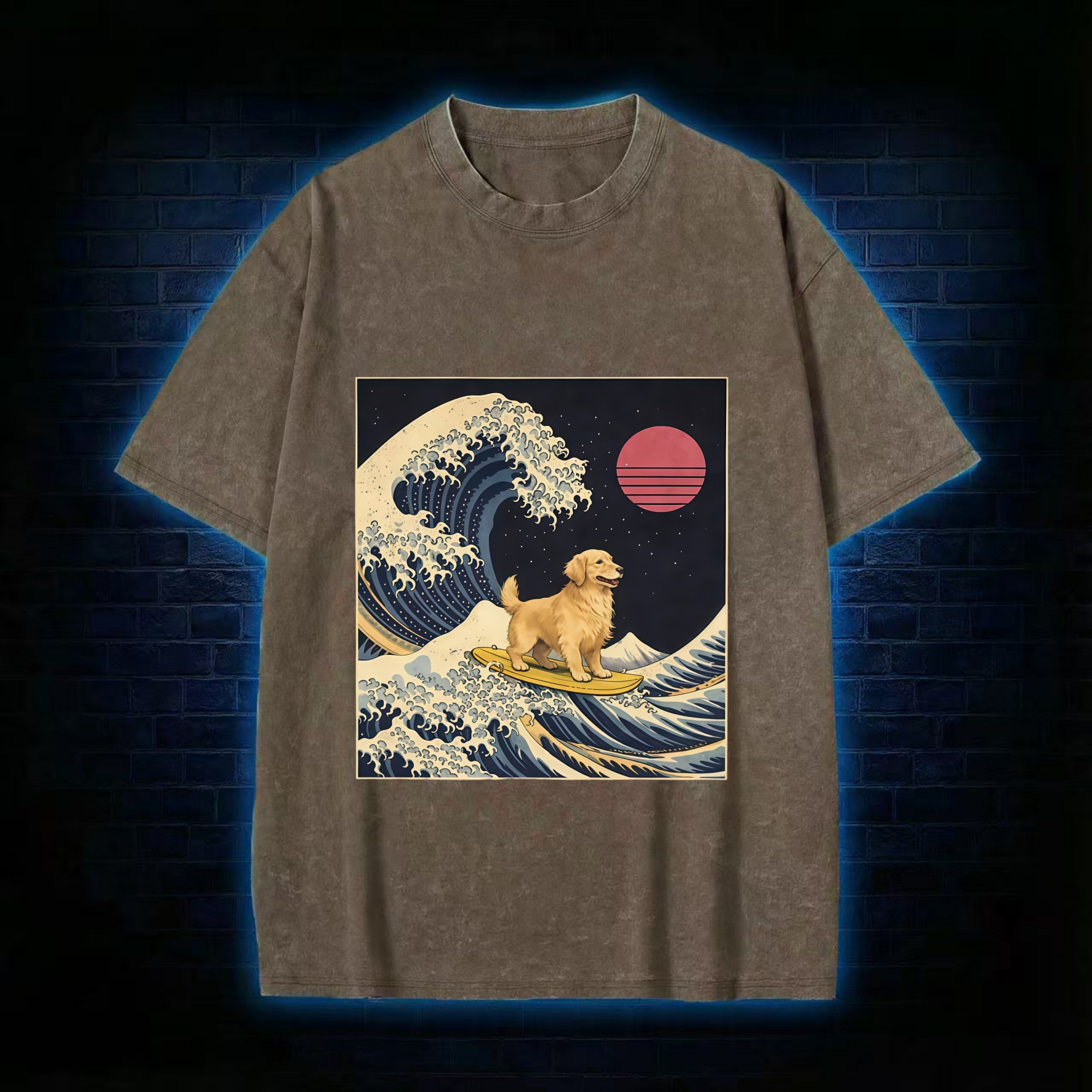 The Great Wave Dog Funny Washed T-Shirt
