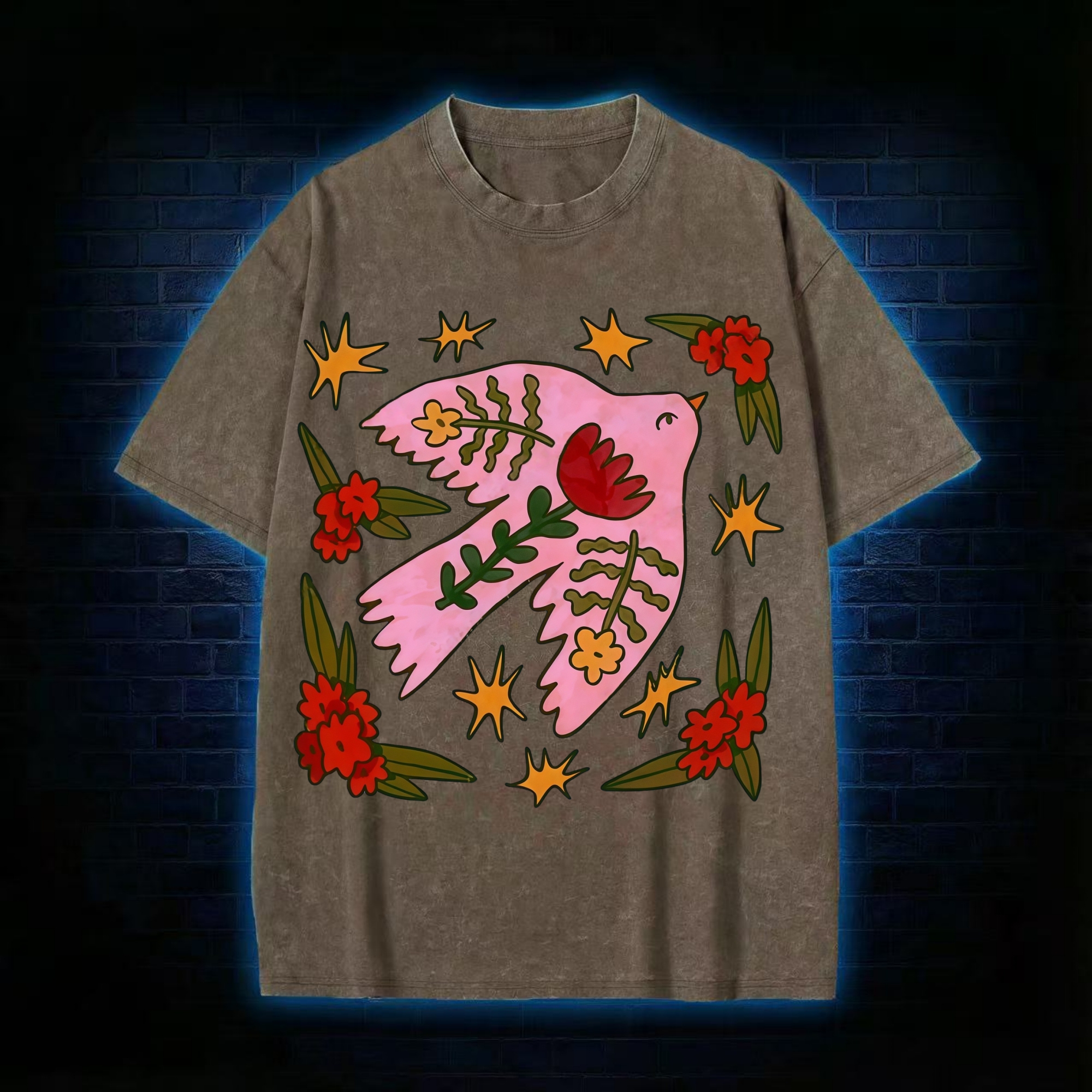 Pink Bird Flower Star Painting Washed T-shirt