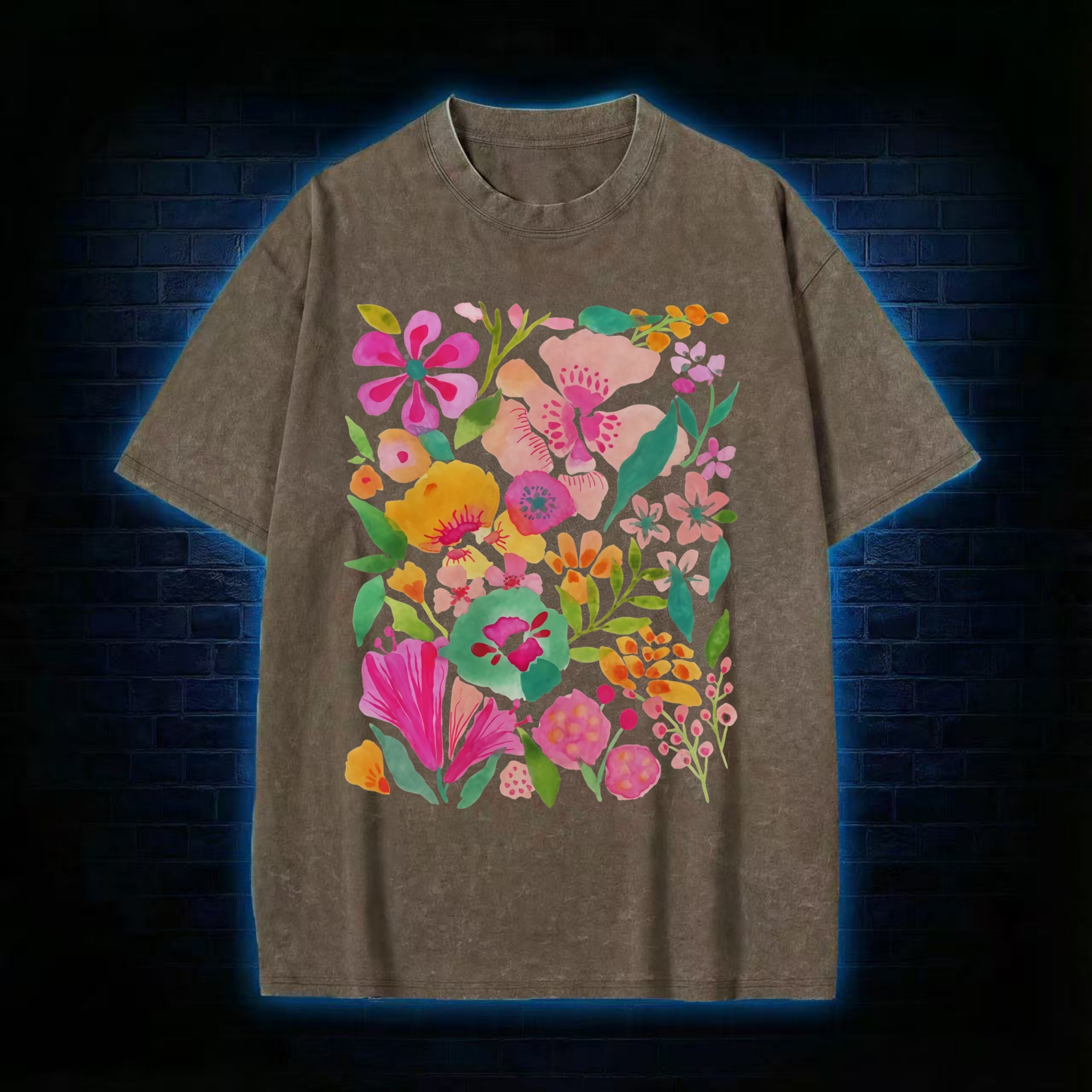 Retro Colorful Floral Clusters Washed T-shirt