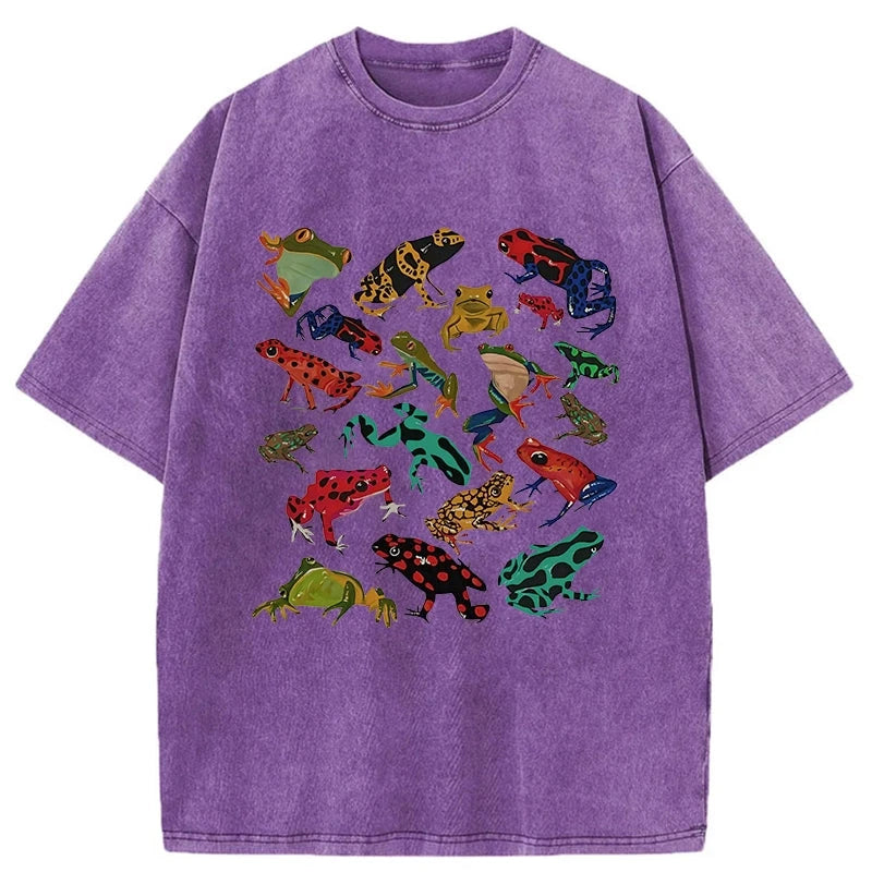 Colorful Frogs Of Various Shapes Washed T-Shirt
