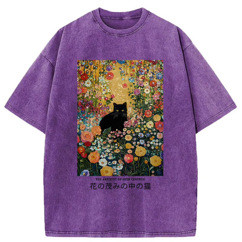 Black Cat In The Flower Bushes Washed T-Shirt