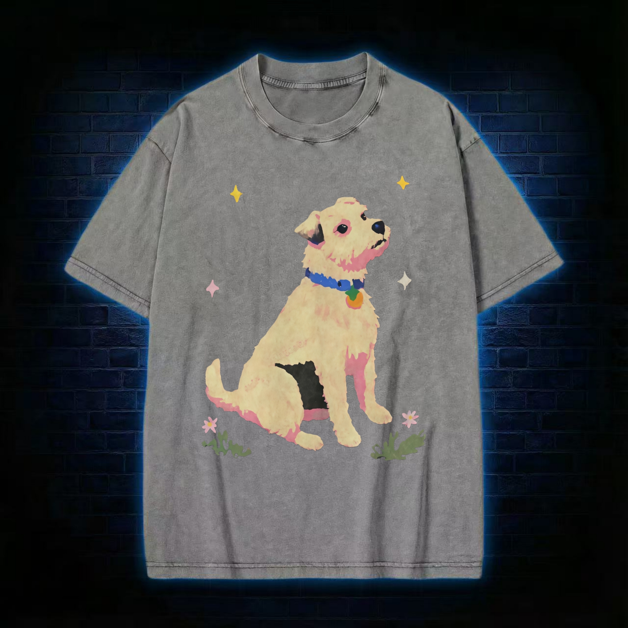 Cute Dog And Star Flower Washed T-shirt