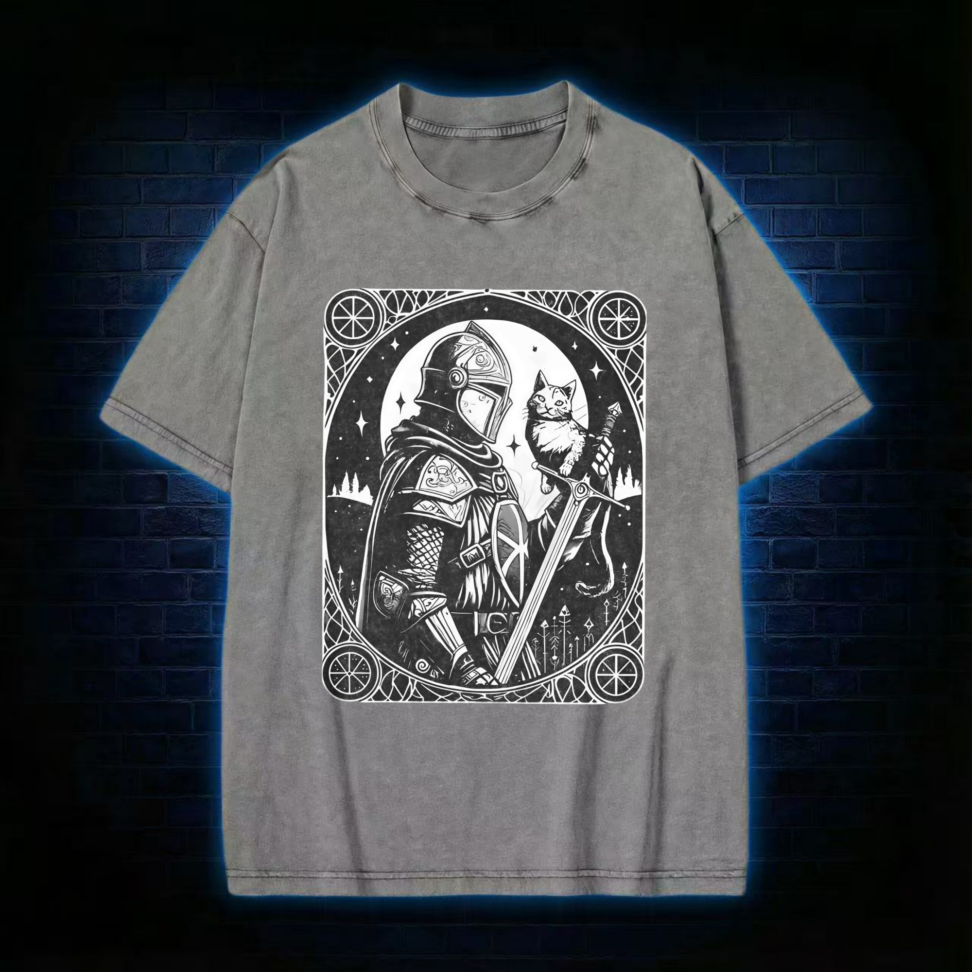 Knight Holding Cat Medieval Washed T-shirt