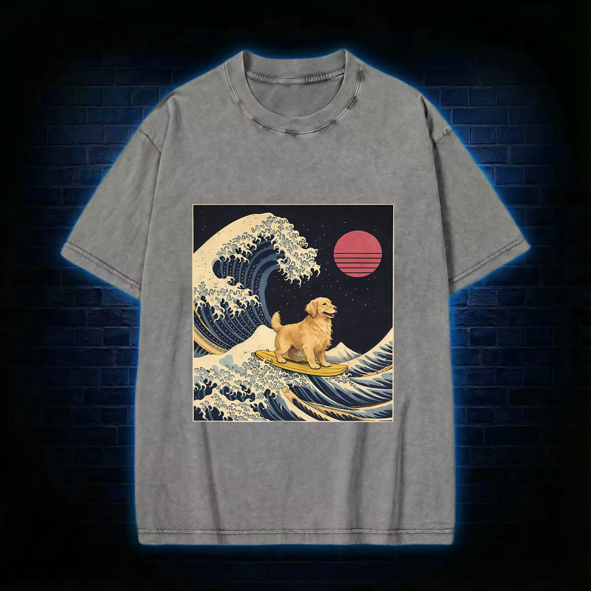The Great Wave Dog Funny Washed T-Shirt
