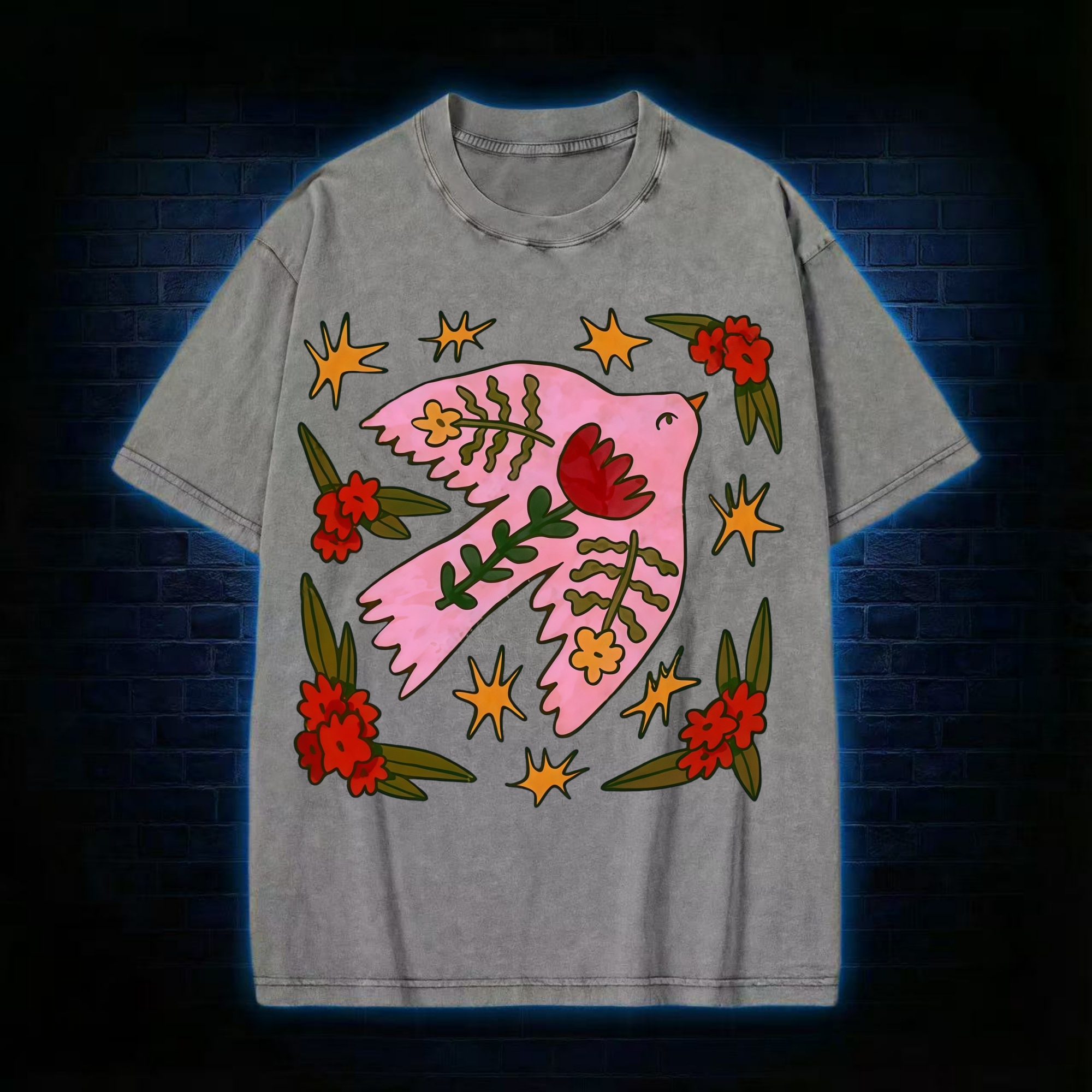 Pink Bird Flower Star Painting Washed T-shirt