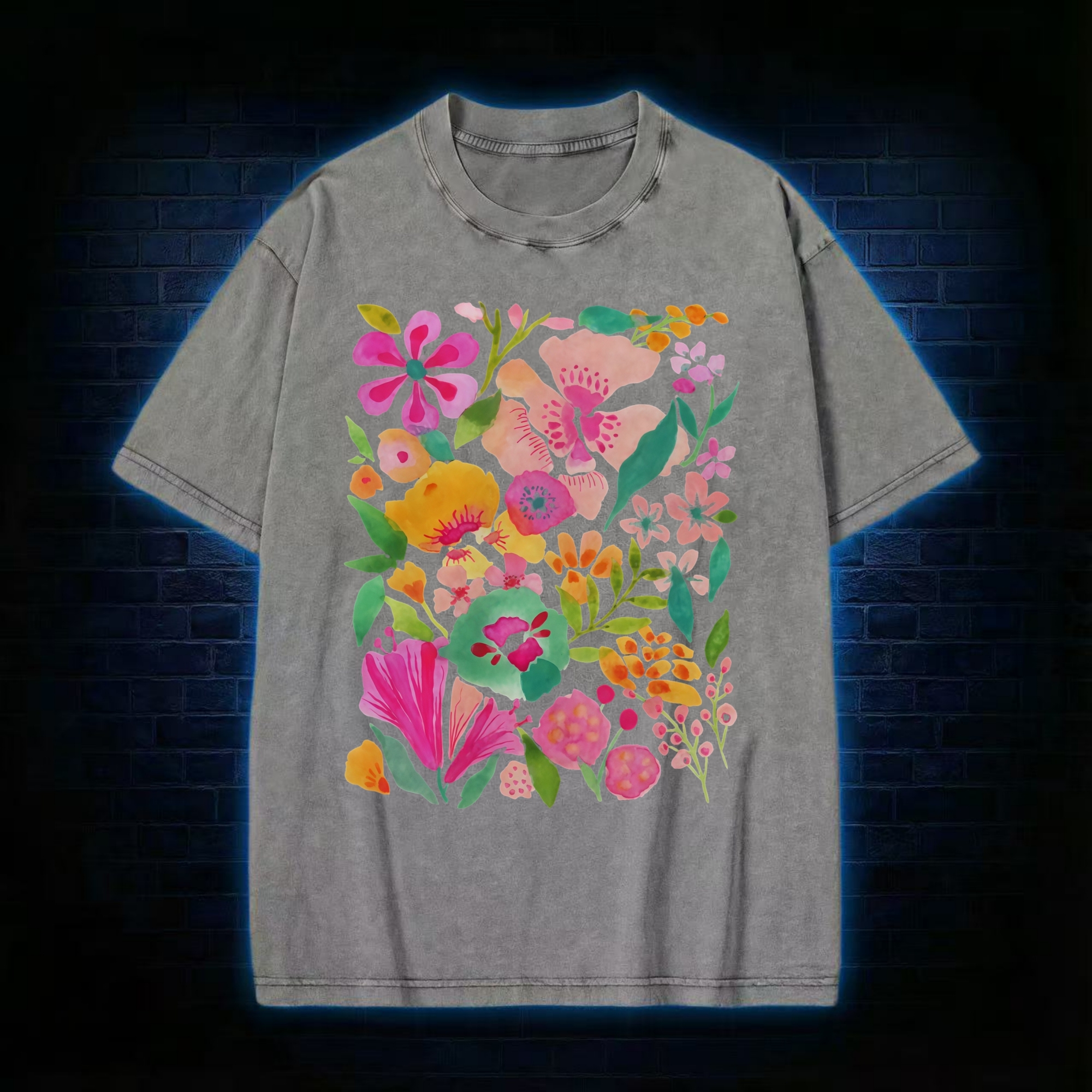 Retro Colorful Floral Clusters Washed T-shirt