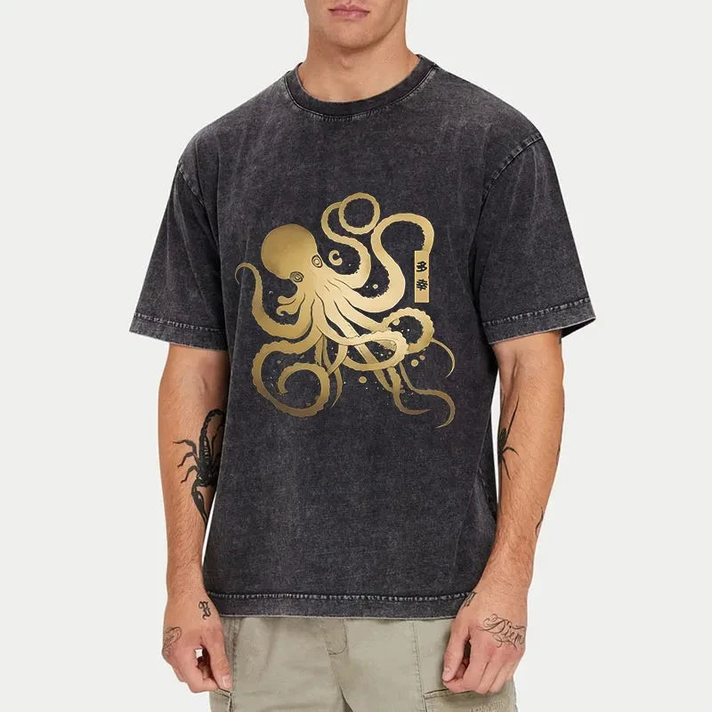  Japanese Calligraphy Version Of Octopus Washed T-Shirt