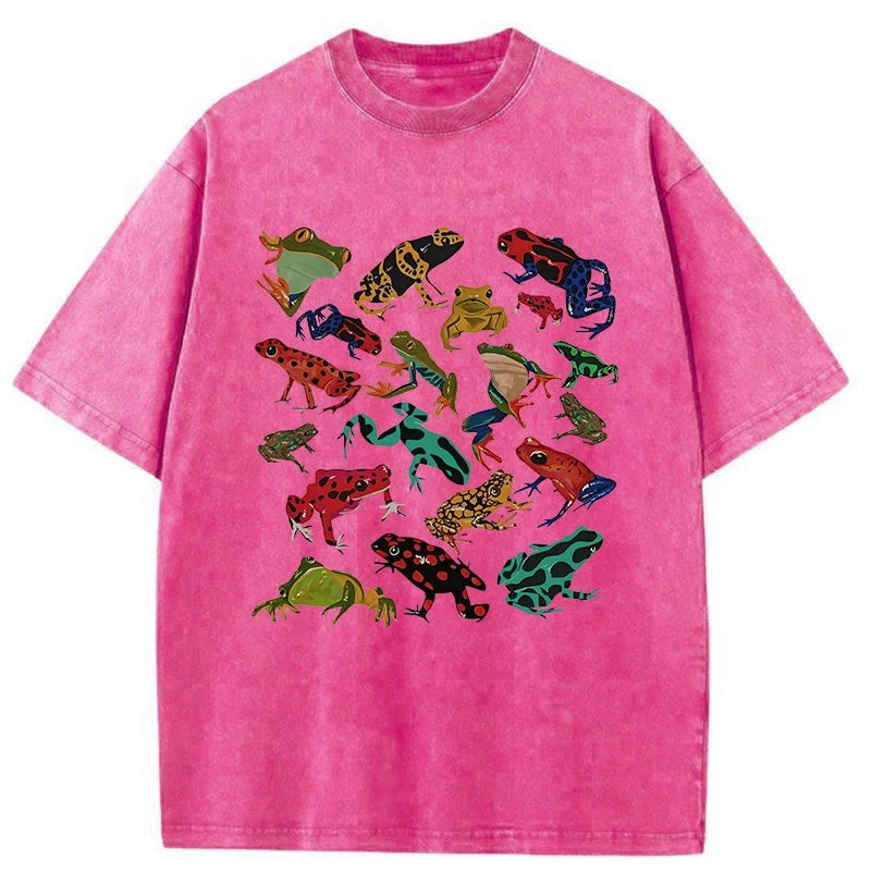 Colorful Frogs Of Various Shapes Washed T-Shirt