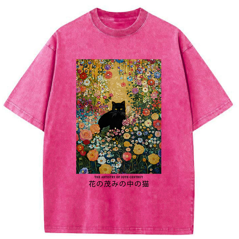 Black Cat In The Flower Bushes Washed T-Shirt