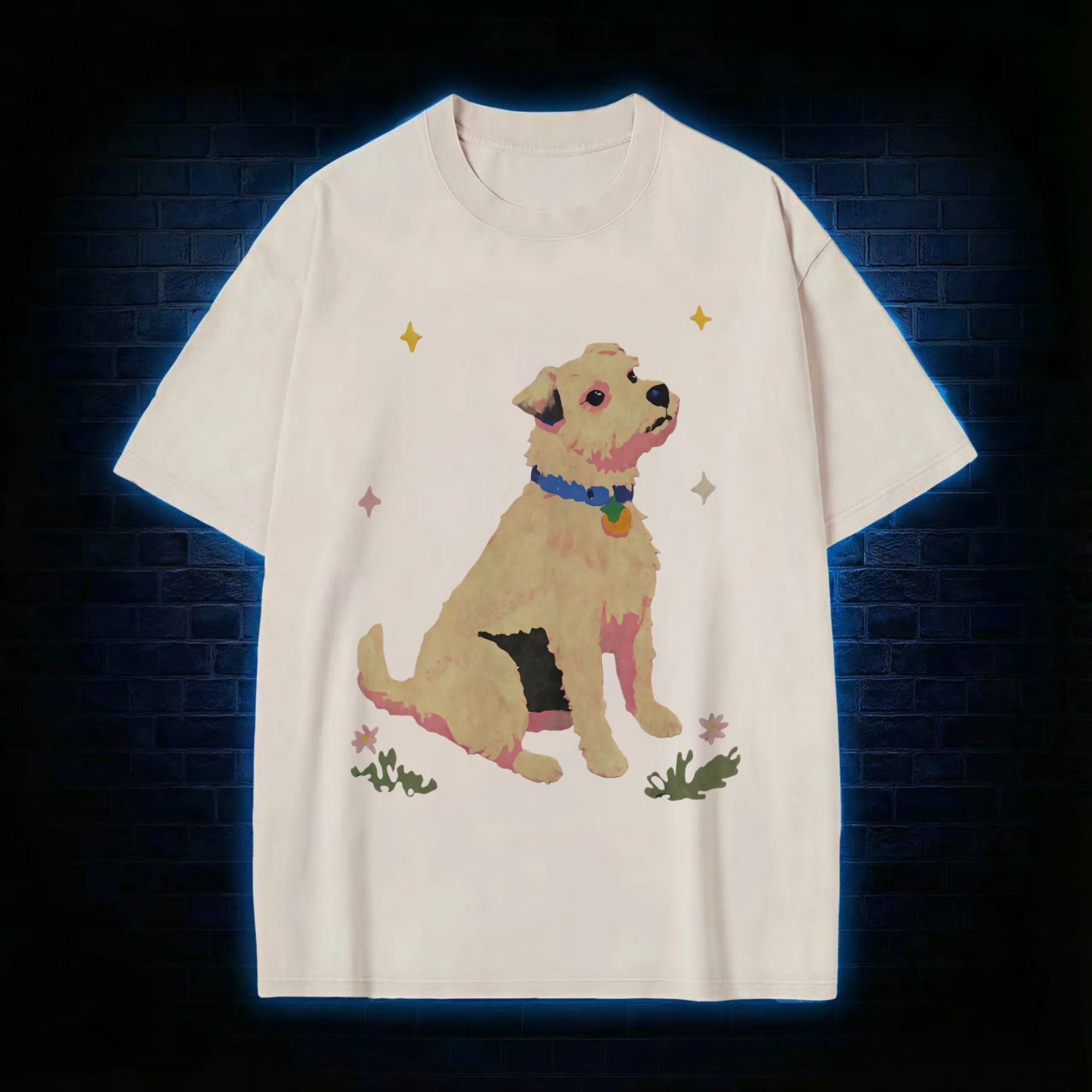 Cute Dog And Star Flower Washed T-shirt