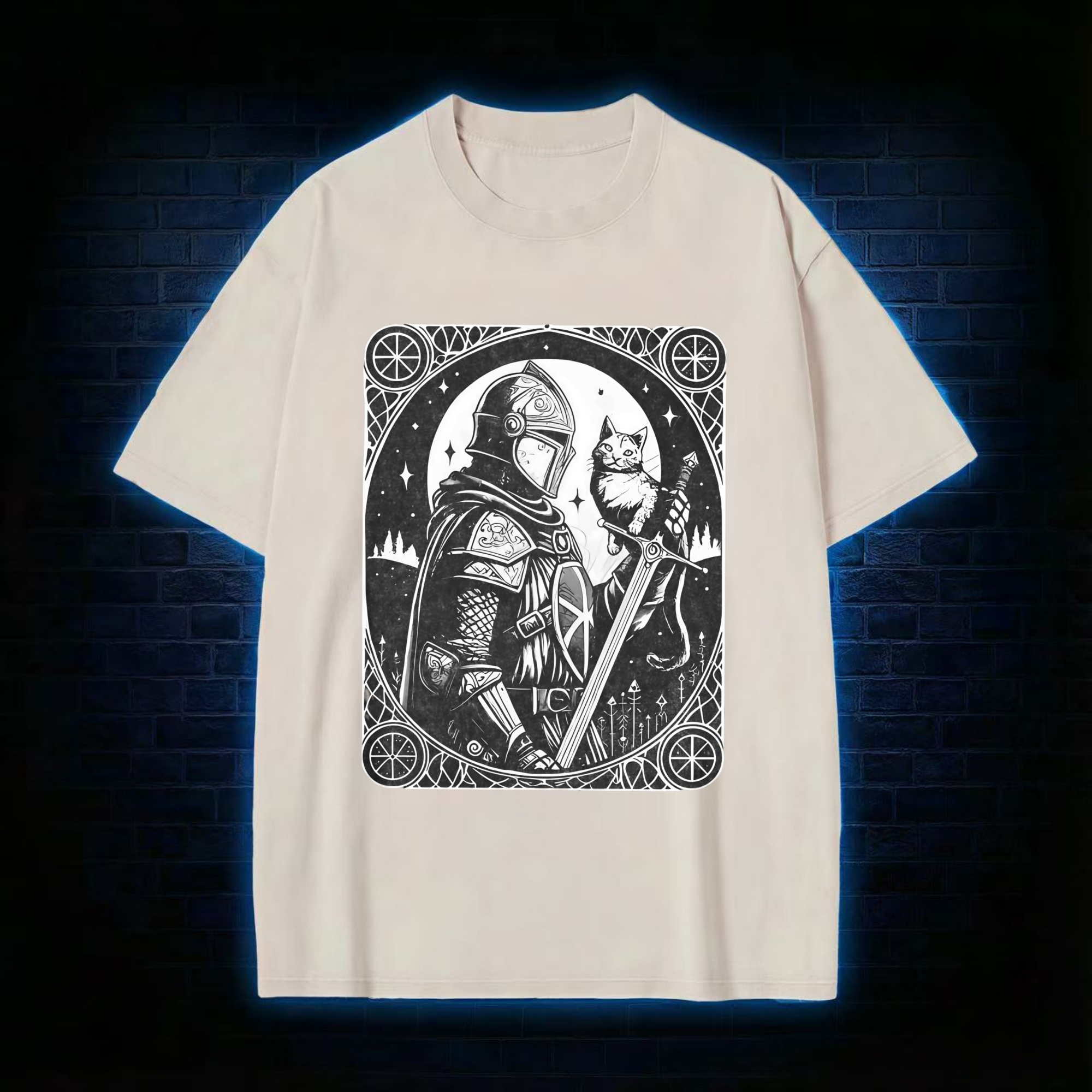 Knight Holding Cat Medieval Washed T-shirt