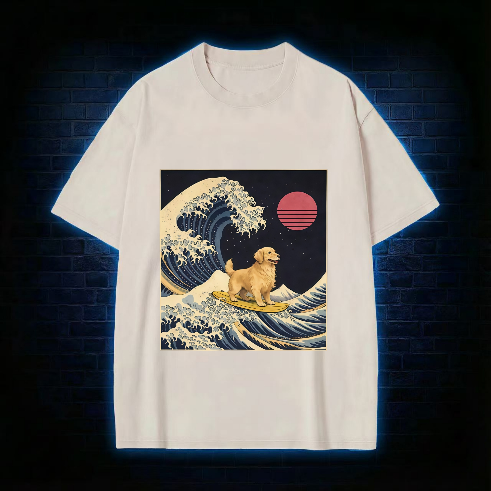 The Great Wave Dog Funny Washed T-Shirt