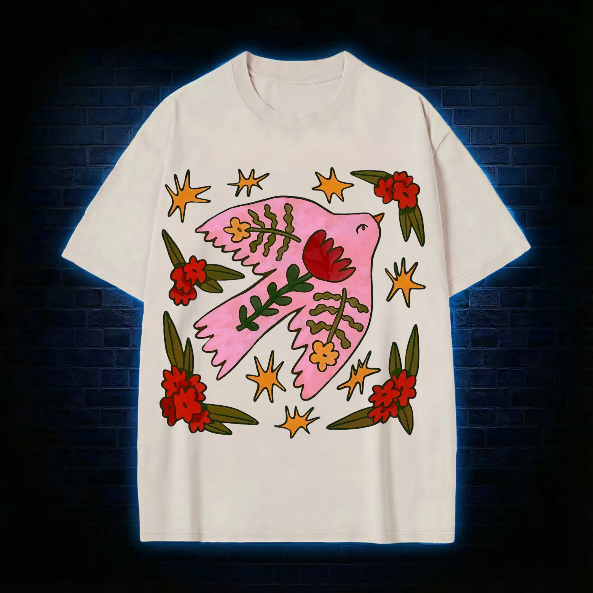 Pink Bird Flower Star Painting Washed T-shirt