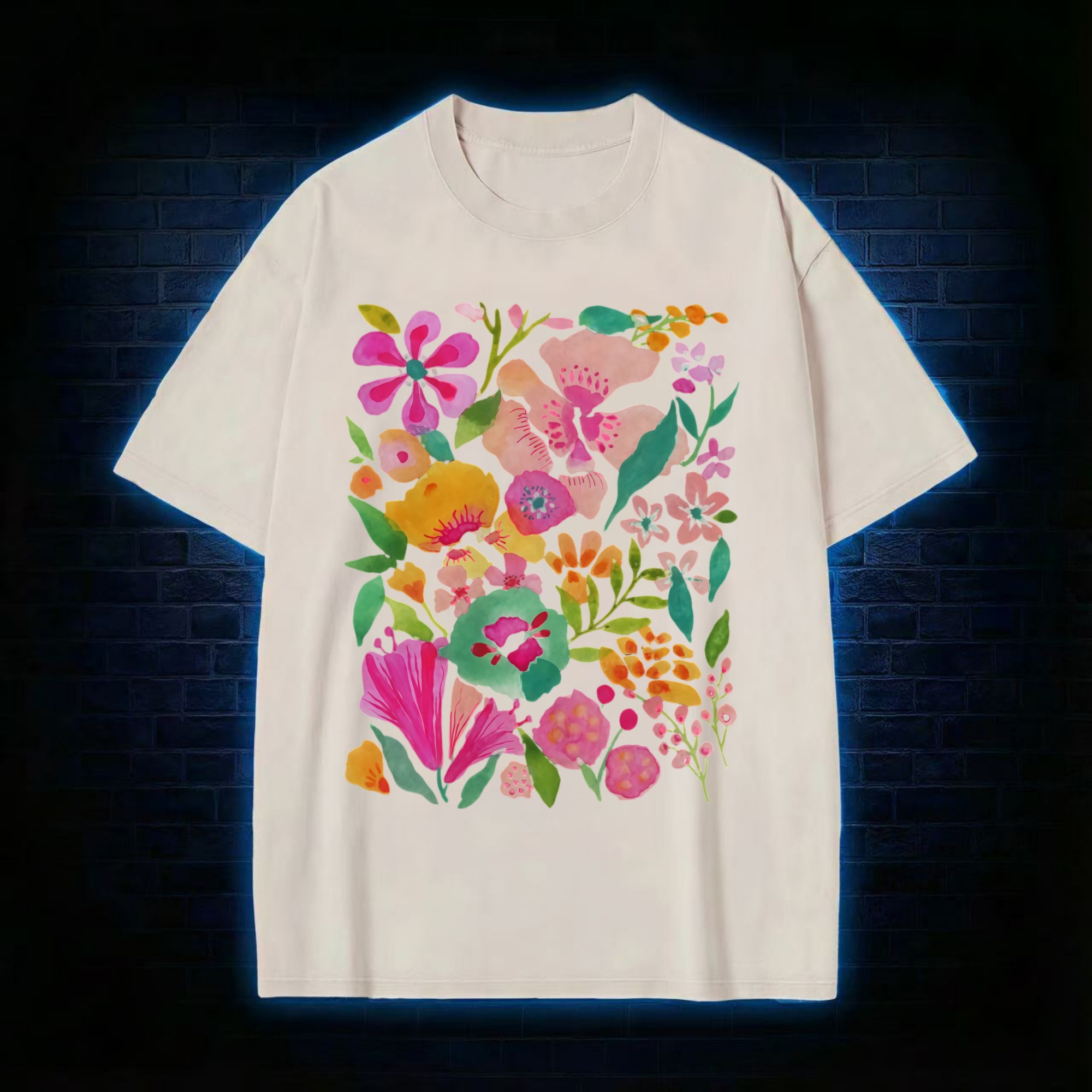 Retro Colorful Floral Clusters Washed T-shirt
