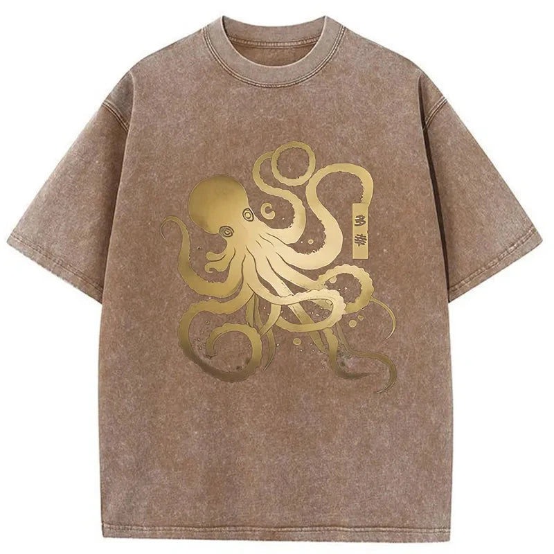  Japanese Calligraphy Version Of Octopus Washed T-Shirt