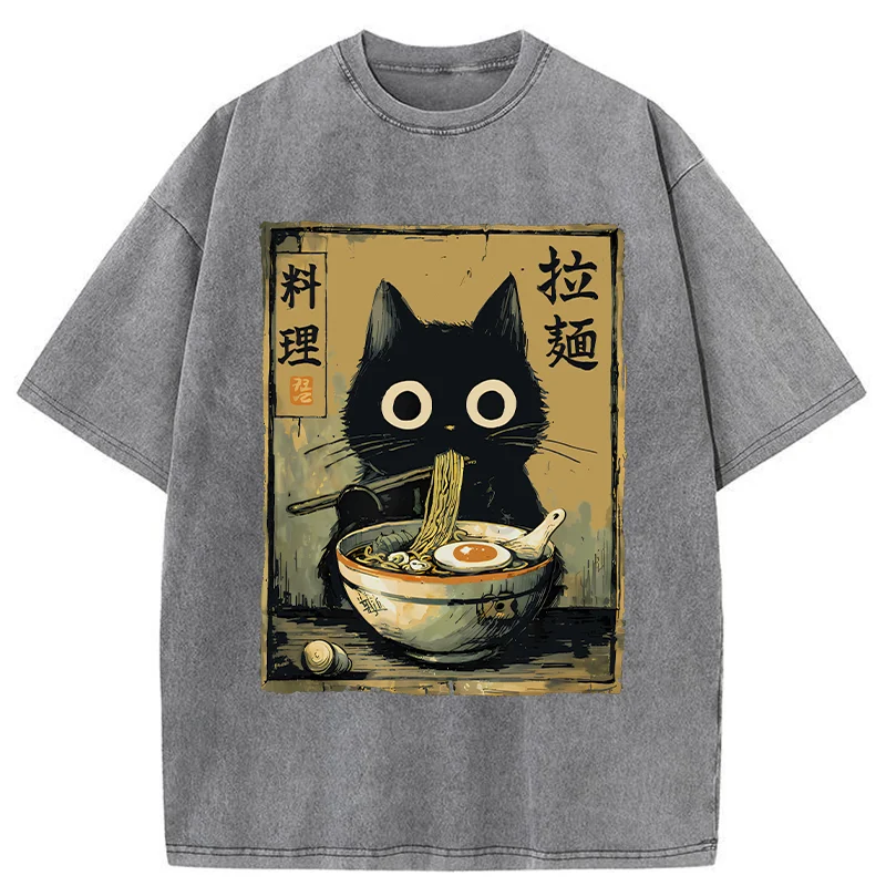 FadedStorm Cute Black Cat Eating Ramen Japan Washed T-Shirt