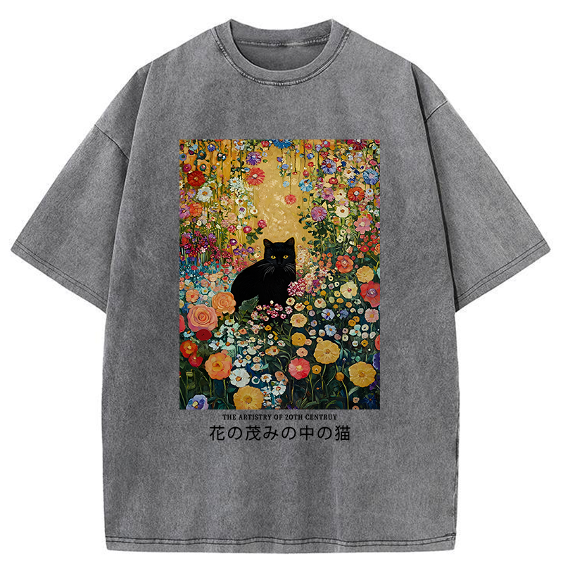 Black Cat In The Flower Bushes Washed T-Shirt