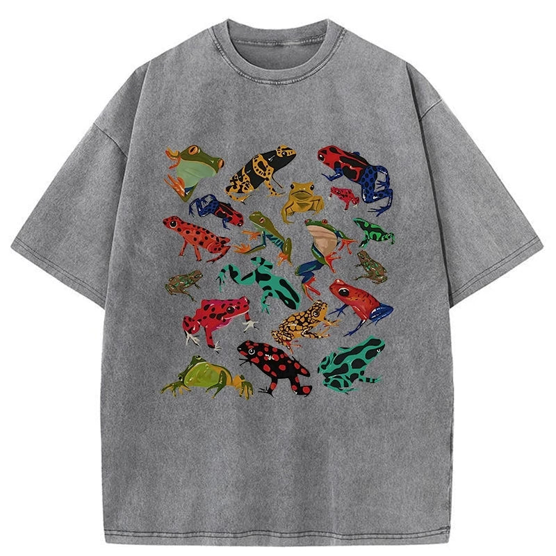Colorful Frogs Of Various Shapes Washed T-Shirt