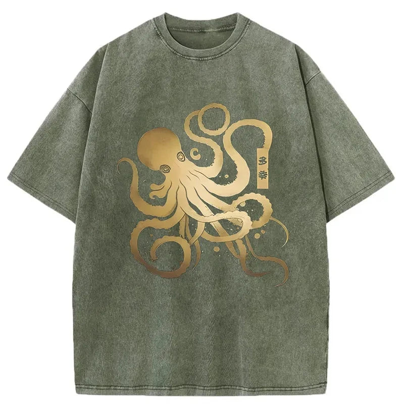  Japanese Calligraphy Version Of Octopus Washed T-Shirt