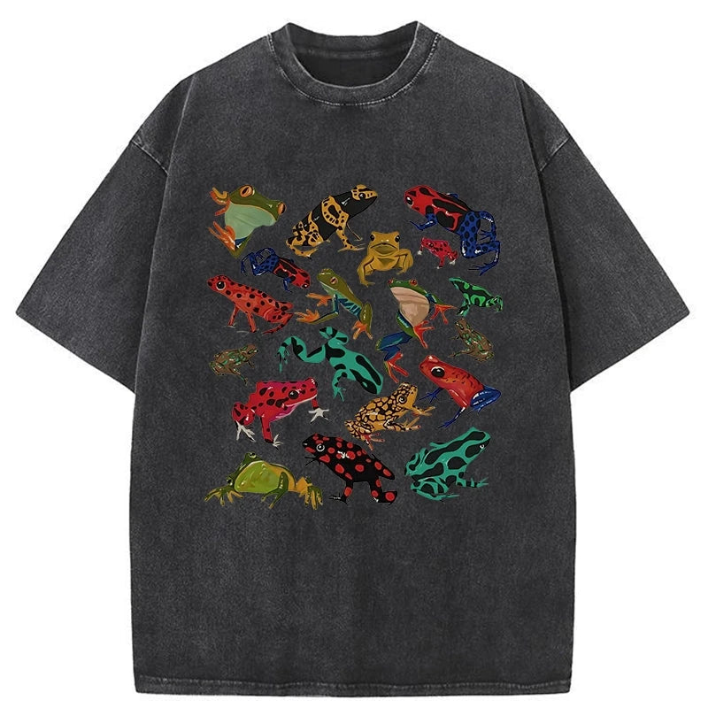 Colorful Frogs Of Various Shapes Washed T-Shirt